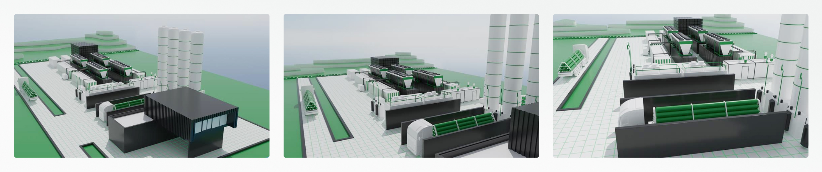 Drei Ansichten einer technischen 3D-Anlage für ein Wasserstoffprojekt mit Gebäuden, Tanks und Leitungen.