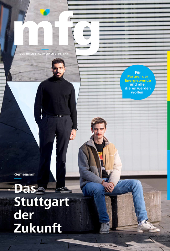 Titelseite des Kundenmagazins mfg mit zwei jungen Menschen zum Thema Stuttgart der Zukunft.