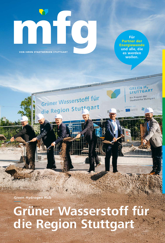 Titelseite des Kundenmagazins mfg mit Spatenstich für grünen Wasserstoff in der Region Stuttgart.
