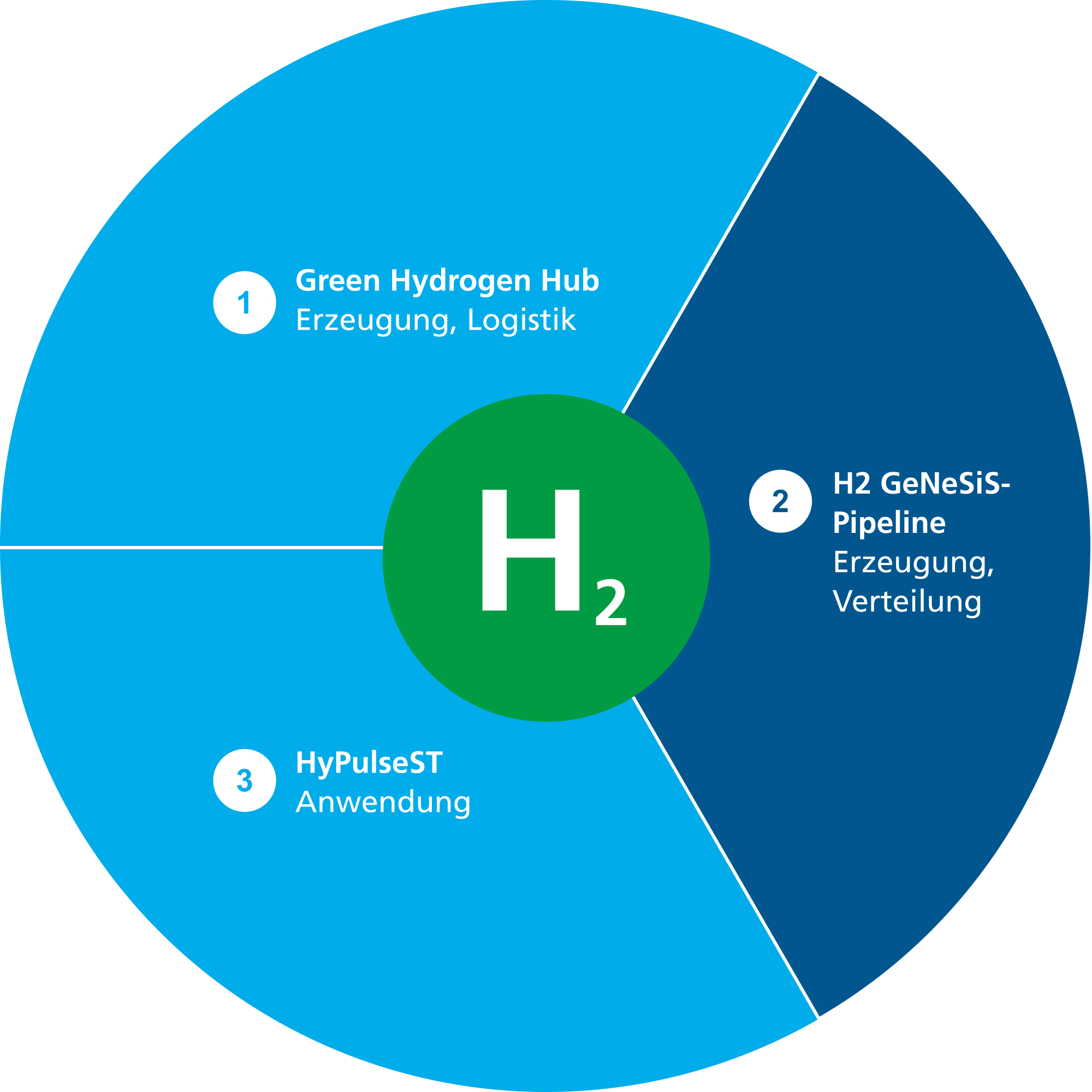 Kreisdiagramm mit drei Wasserstoff-Teilprojekten: Green Hydrogen Hub, H2 GeNeSiS-Pipeline und HyPulseST.