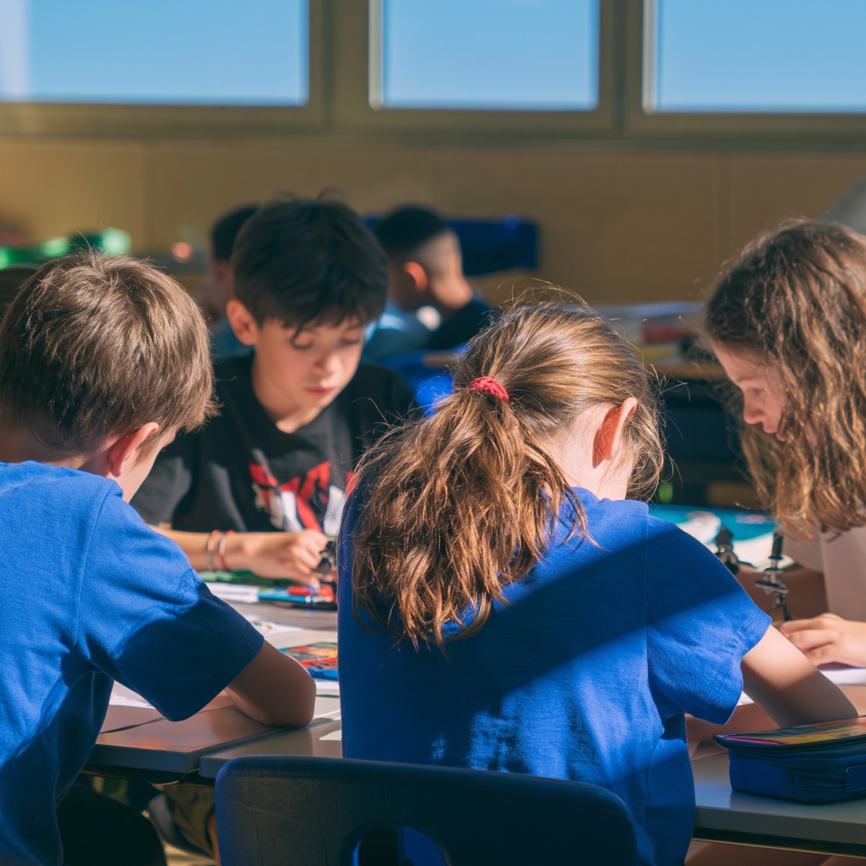 Kinder basteln an einem Tisch