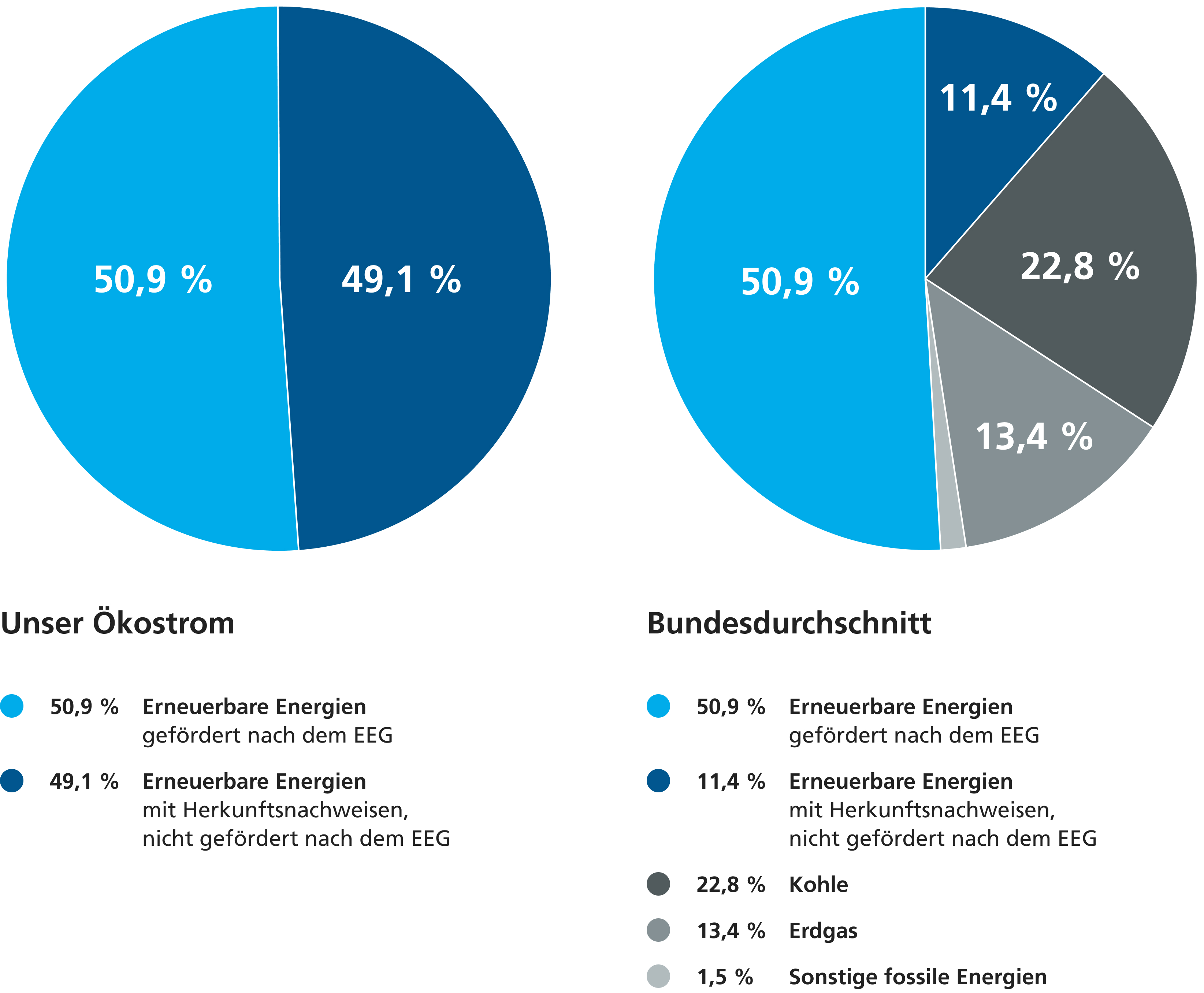 Zwei Kreisdiagramme vergleichen den Strommix von Ökostromtarif und Bundesdurchschnitt nach Energiequellen.