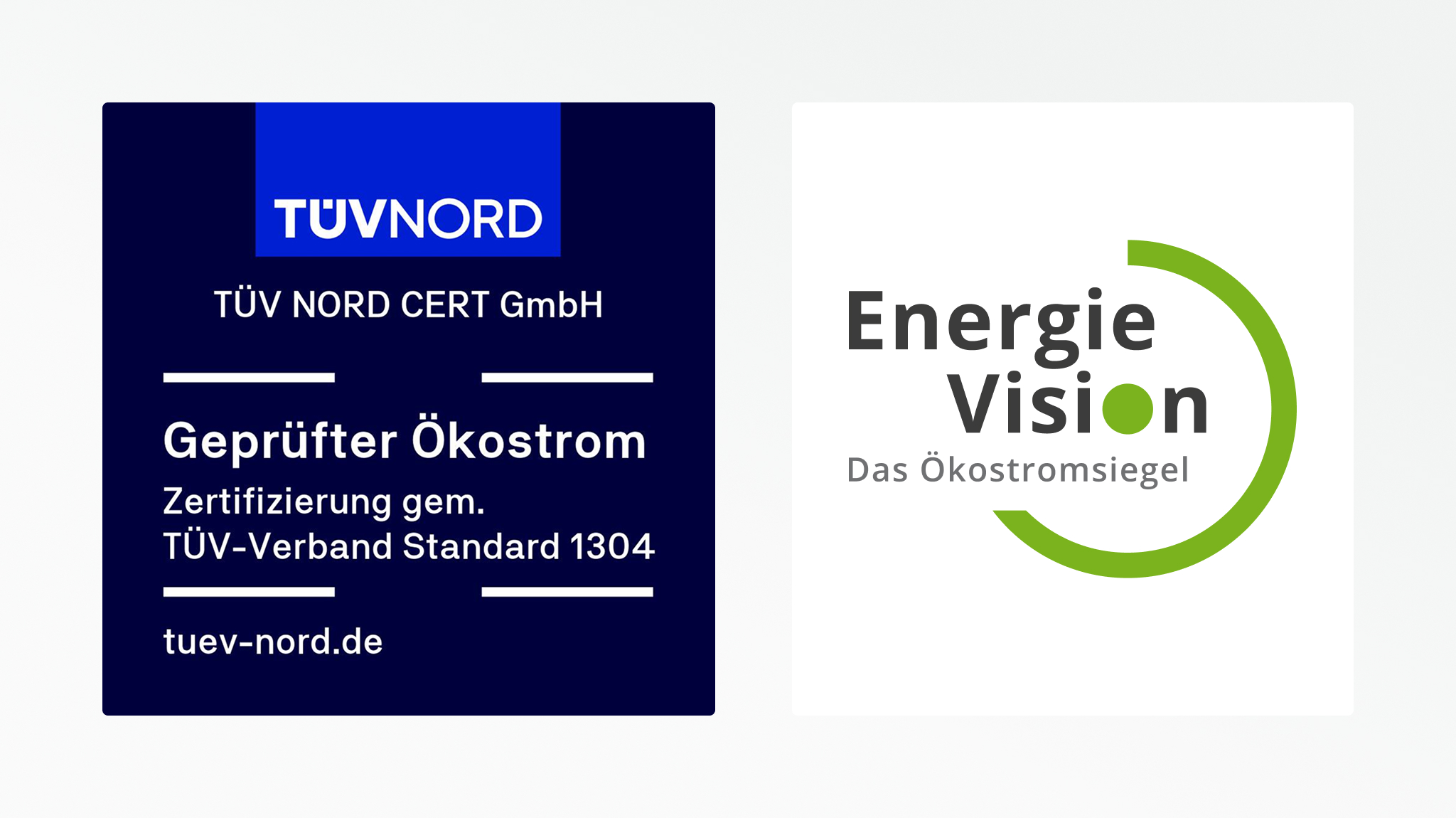 Zertifikate für geprüften Ökostrom von TÜV NORD und EnergieVision für Tarifkunden.