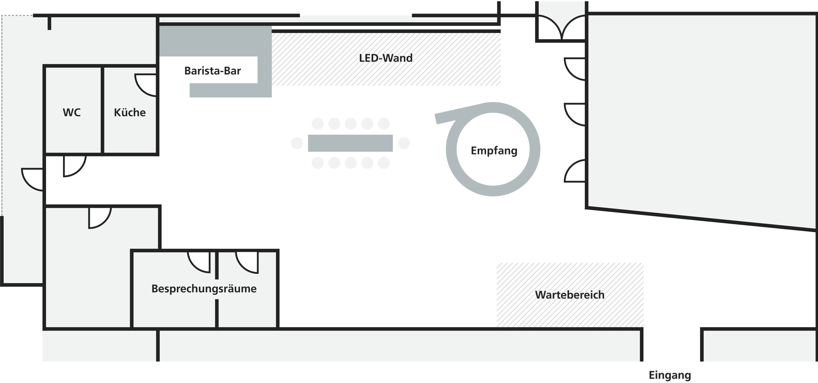 Grundriss der EnergiePlaza mit Eingang, Empfang, Wartebereich, Besprechungsräumen, Küche, WC und Barista-Bar.