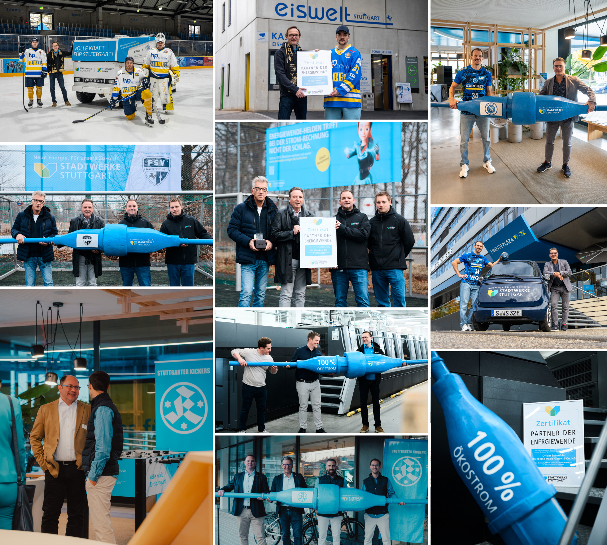 Collage mit mehreren Partnerszenen aus Sport und Wirtschaft rund um Ökostrom, Zertifikate und Kooperationen.