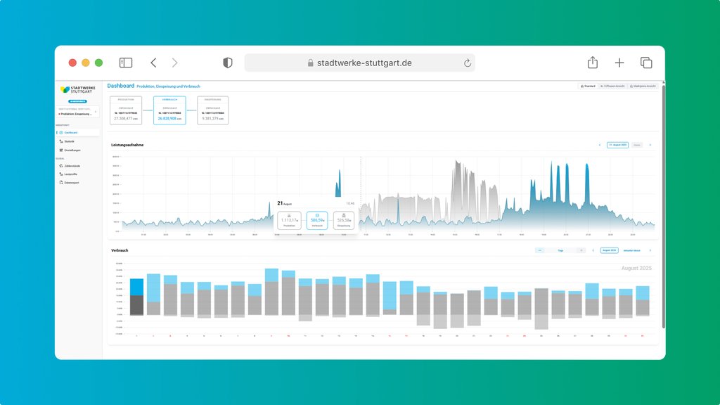 Energie-Dashboard mit Zeitreihen zu Stromverbrauch, Einspeisung und Leistungsaufnahme sowie Monatsbalken im unteren Bereich.