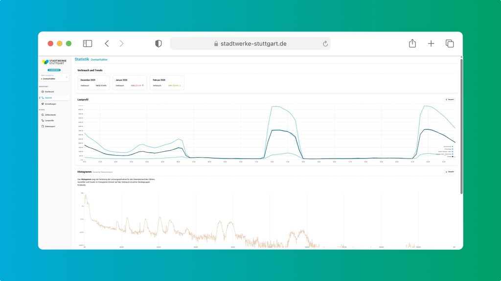 Statistikansicht eines Energie-Dashboards mit Lastprofil als Liniengrafik und Histogramm zu Verbrauchstrends.